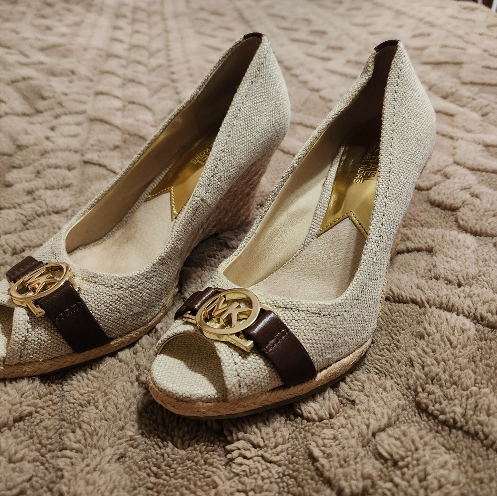 Michael Kors Women's Cream and Brown Peep Toe Wedges